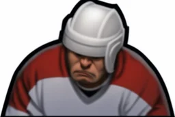 Calvin and Hobbs cartoon of an angry pouting with head down wearing a hockey helmet, vector line art cartoon