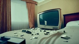 broken flatscreen television in hotel room with angry owner