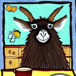 Cute llama is having breakfast. Ink and pencil, colours