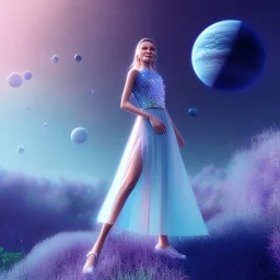 A portrait of a transparent crystalline girl,smiling, longs blond hairs, green eyes, galactic dress, atmospheric, realistic, cinematic lighting, octane render, purple and blue sky, nebula, stars, planets in background, spaceship in background