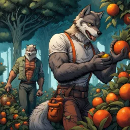 3d in body hair anthropomorphic wolf-man hybrid wearing a casual t-shirt, pants, and an orange belt, he harvests with his paws large reddish spherical fruits from a dark green bush-like plant. Behind him stands an older anthropomorphic wolf-man hybrid in t-shirt, pants and dark-orange belt. He carries a hoe in his paw. In the background, orange-red color fruits grow on other dark green bush-like plants, visible in the distance trees with thick trunks , detailed, scifi, fantasy