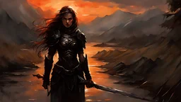 A formidable warrior girl in black armor, on the background Amazing gloomy landscape, flooded with sunset, mountains, trees, fabulous scary hero, , juicy emotions, painting, dark fantasy, gloomy day, dark world, portrait, by Alyssa Monks & Raymond Swanland & Anna Razumovskaya & Dmitry Kustanovich