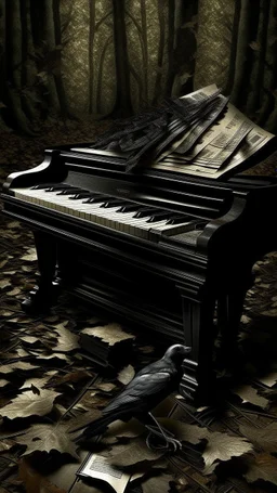 black vein, human veins, mixing together a lot of them, like a forest, big and small veins a lot of them, an old piano is on the floor covered leaves, a black bird on it.