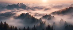 Hyper Realistic Areal view of mountains & trees with thick fog at sunset