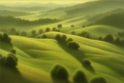 Drone view: in the style of Norman Rockwell, Caravaggio, and Steve Hanks, create a highly detailed evocative lush digital landscape featuring rolling foggy hills highlight light, shadows, and textures for added atmospheric effects.,