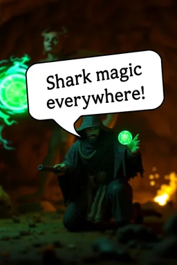 speech bubble in front with weird font saying "Shark magic everywhere." fast killer glowing ball closeup femi semi-dragon in background, magic swirl, strong winds, true grit, reggae native stand off fast draw poncho cowboy wizard on knees hurt punching green and blue fire ball whip while taking sight wand slinger, in flame lit cave ,bokeh like f/0.8, tilt-shift lens 8k, high detail, smooth render, down-light, unreal engine