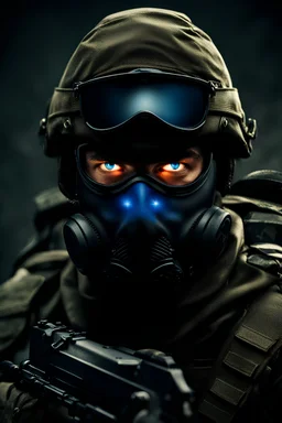 scary soldier with a mask with glowing blue eyes