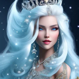 Ice Princess with white hair smilling, a crown with precious stones, bright background