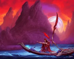 sango fantasy, fantasy magic, intricate, sharp focus, illustration, highly detailed, digital painting, concept art, matte, Greek mythology Charon ferryman, skeleton in full length cape, in boat on river styx, sharp jagged rocks, red purple blue colours, red hot lava river