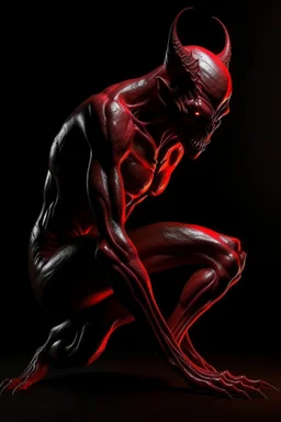 Realistic devil leaning forward at an angle facing left, posed as if over a shoulder, red skin, horror style, no other person.