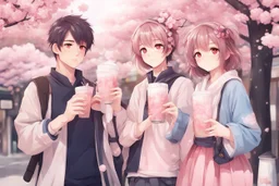 cute anime style, girl holding bubble tea drink, guy holding baguette, sakura blossom background