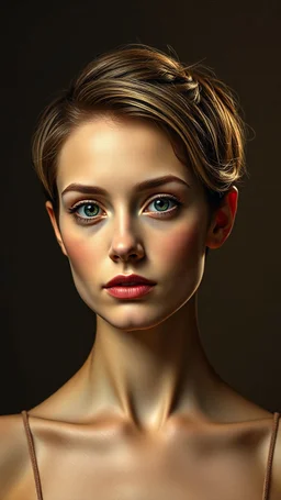 grant wood painting style , a portrait of a beautiful woman with very short hair , front view with dark brown side lighting background, ultra high quality with ceramic lighting