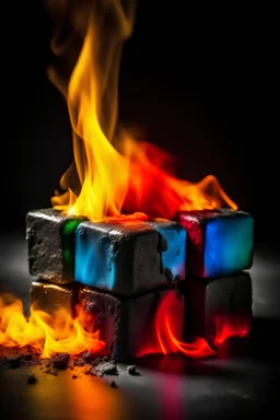 Burning charcoal cubes and colorful fire