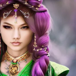 beautiful asian queen with purple armor, delicate cyan braided hair, green glass eyes, white flowing dress, highly detailed, 8k, ambient light, taylor swift