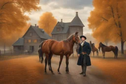 Fascinating, ultra-realistic nature in the photo. Golden autumn. A 32-year-old man in 19th-century Russian clothes walks towards the horses with his head raised to the sky, a smile on his face. In the background, the Russian estate of a 19th-century nobleman and three horses stand at the outhouse.