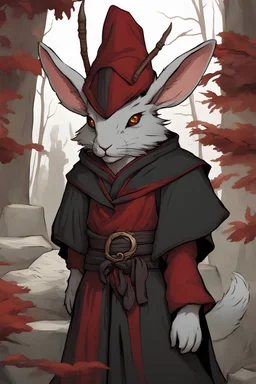 Male rabbitfolk with grey fur and Hazel eyes wearing blood red and black robes in a fantasy setting, sorcerer of death