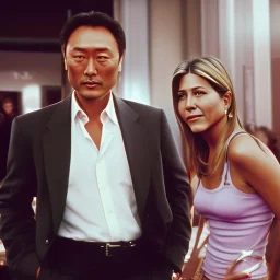 Jennifer Aniston and Ken Watanabe chatting happily over coffee