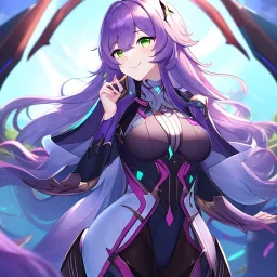 Clear focus,High resolution,High quality, Smiling, Purple long fluffy hair, Green eyes, Wearing a pink mech uniform, Honkai Impact Star Rail