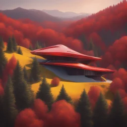 Aerial view Zaha Hadid style hill hut, trees, digital art, hyper-detailed, red and yellow colors, 8k oil painting