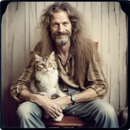 Awkward portrait Photo, 40 years old hippie sitting on chair, weird smiling, long 1970 hippie hair and mustasch, bland polaroid camera, holding a cat