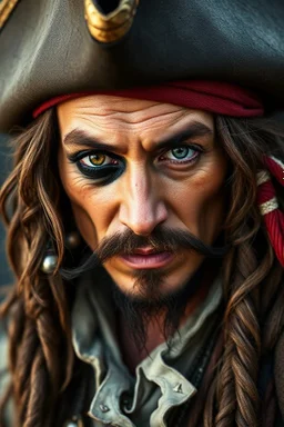 Portrait of pirate of the Caribbean with one eyed lash on the left eye