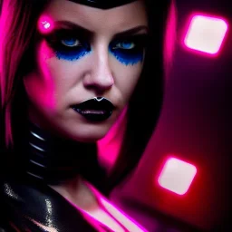 portrait, beautiful punk busty female Cyborg, intense stare, sad eyes, post-apocalyptic in a cyberpunk city,minimal skintight latex dress, bladerunner, realistic, intriacte detail, sci-fi fantasy style, volumetric lighting, particles, highly detailed ,cinamatic , deep colours,8k, in the style of Kaare Andrews