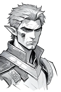 half-elf fighter, damaged right ear, sketch, male