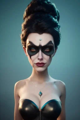 Lene Nystrøm as evil queen in black leather, busty, cleavage, voluptuous, Aqua Lene, angry, stern look. character design by cory loftis, fenghua zhong, ryohei hase, ismail inceoglu and ruan jia. unreal engine 5, artistic lighting, highly detailed, photorealistic, fantasy