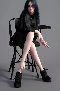 Billie Eilish, sitting on a chair, Black Short Dress, high detail, realistic