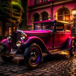 an oldtimer Ford model A from 1931 with a spare tire at the back, high bodywork dark red color drives on an old-fashioned square with mansions on either side, Award winning photography illustration dynamic lighting 8k, award winning fantastic view portrait, colourful Nikon850