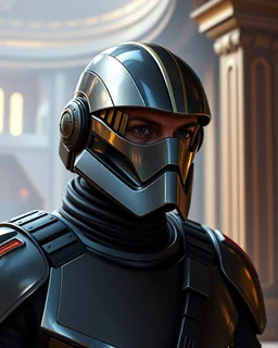 star wars bald male corellian pilot wearing pearlescent black and gunmetal grey First Order special forces heavy assault stealth commando armor and helmet with mirrored visor and gold and metallic red trim inside the jedi temple, hyperdetailed, dynamic lighting, hyperdetailed background, 8k resolution, volumetric lighting, light skin, fully symmetric details