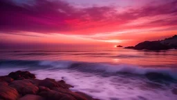 The sky is painted in hues of pink, purple, and fiery orange as the sun kisses the sea, creating a breathtaking, serene moment by the water's edge.