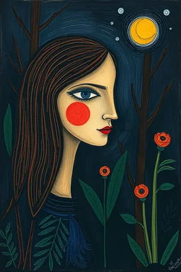 A beautiful girl brownish black murky rainforest at nighttime painted by Paul Klee