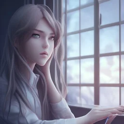 Anime, female student studying under window, studying lesson, perfect face, cool face, ultra detail, unreal engine 5, cinema4d, sun light, studio lighting --ar 1:1 --v 4