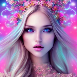 beautiful, soft, smiling face, whole head, long straight blonde hair blues eyes, crown on the head, clothing in transparent bluish and pink veil, background brillante bluish and pink, hight definition, 8K