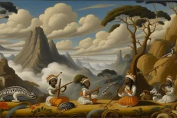 A white mountain in the clouds with African pan flutes painted by Edward Hicks