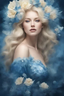 blue, large, woman, blonde, floral designs, atmospheric, beautiful,