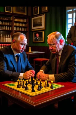 Vladimir Poutine playing chess with Zelinynski. A map of ukraine is burning on