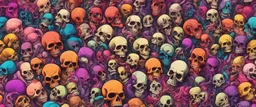 a field of 1000s of cartoonish, anatomically correct, skulls, vivid RANDOM BRIGHT neon colors, dark comedy, well lit, high detail, photorealistic, horrorcore, fun, scary, dead, 100% detail on all drawn, nothing partial or filler, by disney