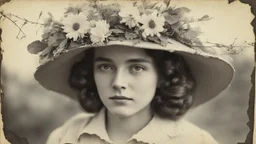 Vintage photograph of a young woman in a hat with flowers, torn edges, cracks