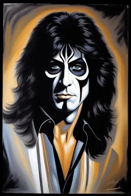 Head and shoulders image - oil painting by Scott Kendall - pitch Black solo record album with emerald glowing in tips of hair - 30-year-old Peter Criss (Drummer) with shoulder length, wavy, straight black and gray hair, with his face made up to look like a cat's face - in the art style of Boris Vallejo, Frank Frazetta, Julie bell, Caravaggio, Rembrandt, Michelangelo, Picasso, Gilbert Stuart, Gerald Brom, Thomas Kinkade, Neal Adams, Jim Lee, Sanjulian, Thomas Kinkade, Jim Lee, Alex Ross,