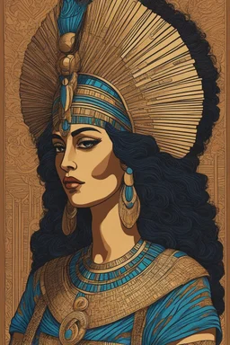 museum quality color woodcut of an ancient female Egyptian queen with highly detailed hair and facial features , in the style of Gustave Baumann, with a fine art aesthetic, highly detailed, finely cut ,8k render,