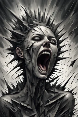 suffering woman creature roar, gray weird sky, storm, distopic, weird and surreal mood, highly detailed, dark sad, thriller atmosphere, sharp, metallic edges, around spikes, tall walls, , broken pieces, shattered face, cracks, everhere, hyperdetailed, greyscale, pale light, crepy stunning, drawing and ink , abstract shapes floating in dark space, metal lines, deep colors, dramatic shadows, dark mood