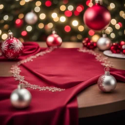 Beautiful Top Angle View Of Only A Table With Beautiful Christmas Ornaments On Both Sides Leaving The Center Of Table Empty With Red Silky Cloth With Beautiful Bokeh Background.