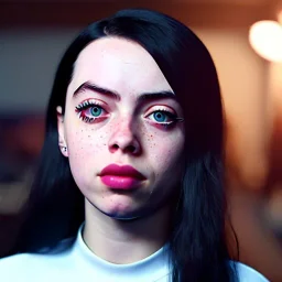 Billie Eilish, full body, on the bed, in my underwear, pale skin, high detail, realistic, 16k, not to be distinguished from a photo, identical pupils