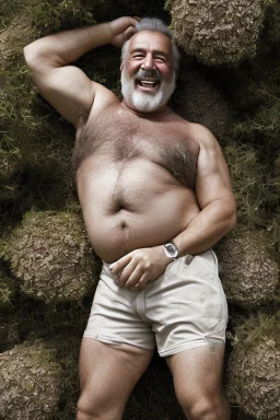 full figure shot photography, 35mm lens lens, a happy smiling muscular Sardinian shepherd burly chubby man 58 years old, talking lying down in the meadow near a little tree, ugly and dirty, bullneck, manly chest, in tank top and overalls, wild white beard, ambient occlusion, strong sunshine, emotive eyes, misery and poverty, side view