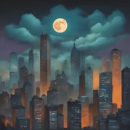 night, dark-orange cloud lumened by city, bright moon, dark-gray-purple sky; sky scrapers square and rectangular skyscrapers with white frequent square windows, shades of skyscraper windows: light green, light blue, dark blue, dark turquoise. The roofs of skyscrapers from dark squares or illuminated with a dim blue border,