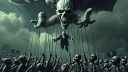 a corrupt government looms above, pulling the strings of hundreds of puppets below, the news broadcasts the puppets' suffering everywhere, dystopian, dread, horror