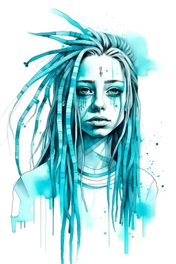 Watercolor white and cyan dreadlocks girl