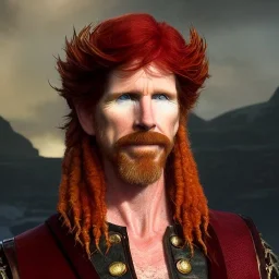 Portrait of courtney gains as a ruggedly handsome but joyful roguish pirate, charismatic, attractive male, masculine, perfect, precisely detailed, lightly freckled face, meticulously detailed multi-hued ginger carrot cherry fire red hair; malachai of the corn; fantasy, intricate, elegant, highly detailed, digital painting, artstation, concept art, matte, sharp focus, illustration, art by artgerm and greg rutkowski and alphonse mucha